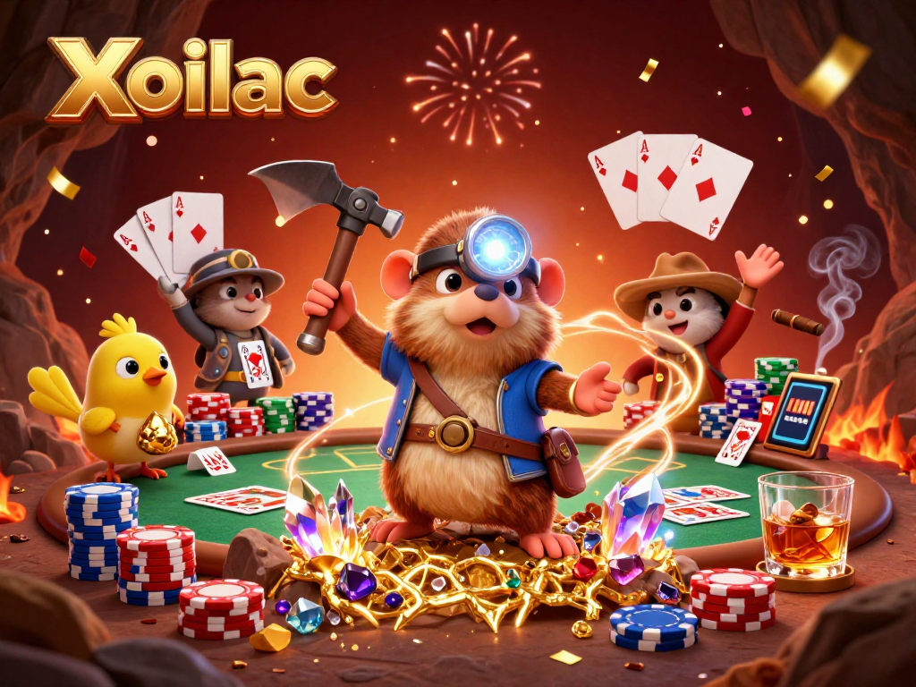 Xoilac enhances the thrill of poker with lively gaming elements in a vibrant treasure hunt scene.