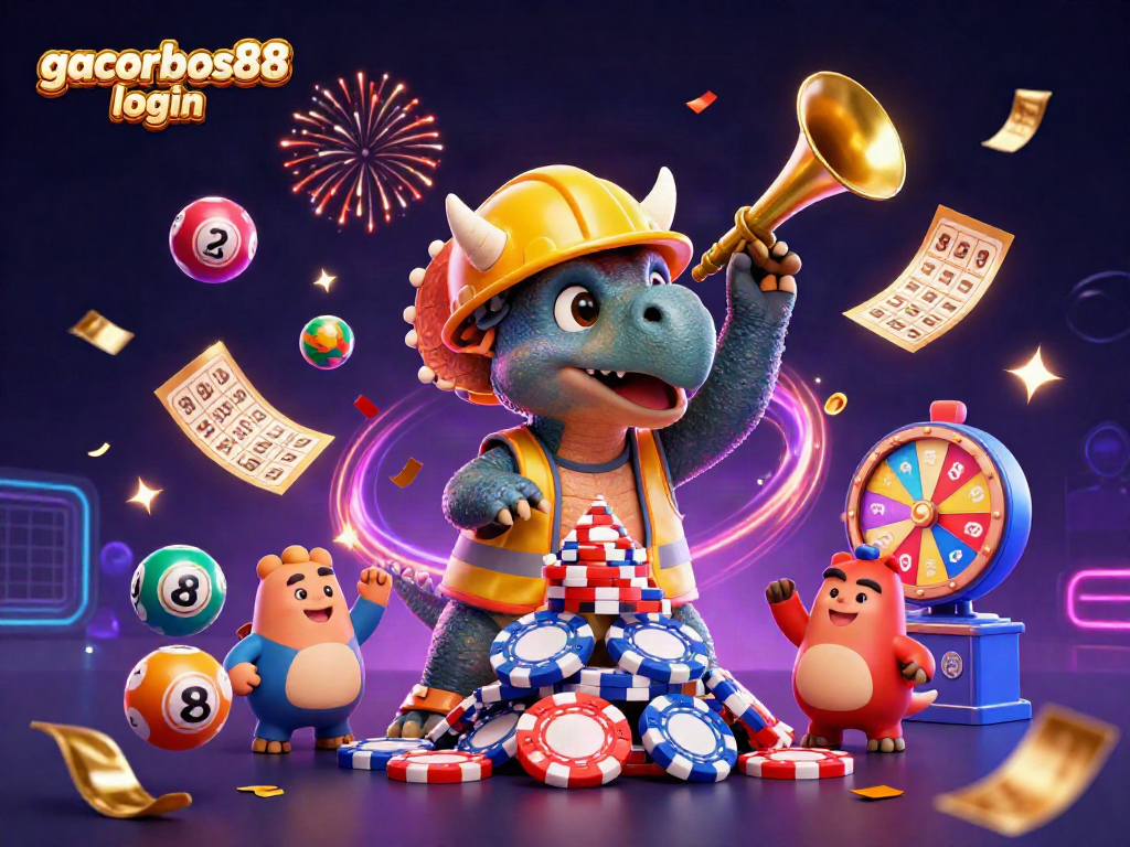 Experience gacorbos88 login and celebrate wins with vibrant gaming elements in a dynamic 3D illustration.