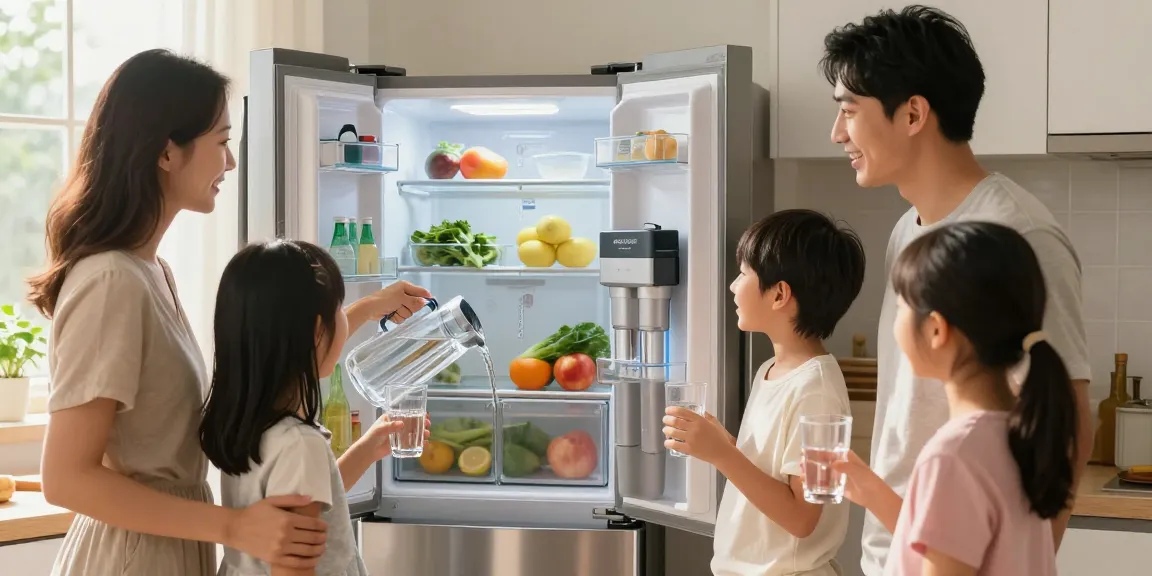 AQUA CREST DW2042FR-09 Refrigerator Water Filter displayed in a lively kitchen where a family is happily pouring fresh water, highlighting its role in maintaining hydration.