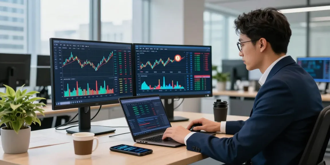 Cryptocurrency trader analyzing market data on screens at https://crypto-reviews.ru/okx-v-kazahstane/ in a modern office setting.