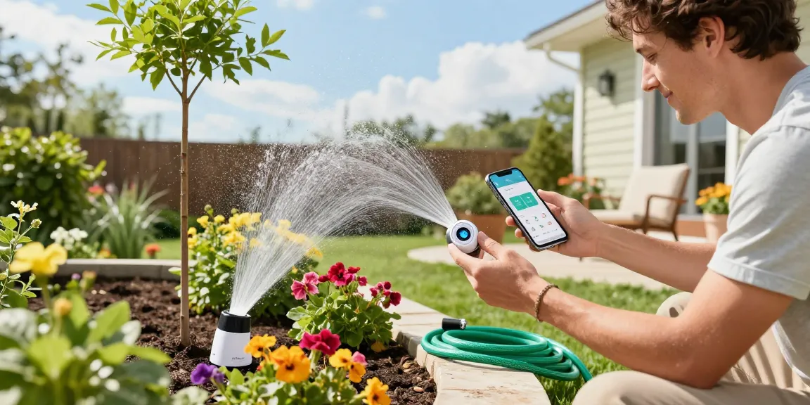 Homeowner using a RainPoint water timer in a vibrant garden setting, ensuring optimal watering for healthy plants.