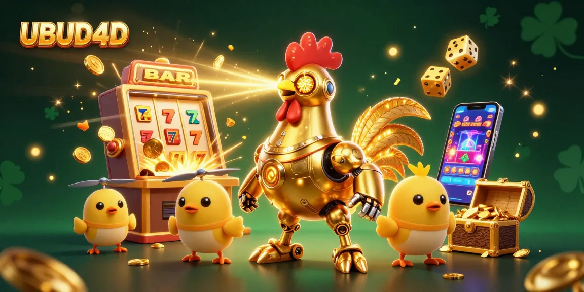 Experience exciting gameplay with UBUD4D, featuring a golden rooster robot amidst slot machines and casino elements.