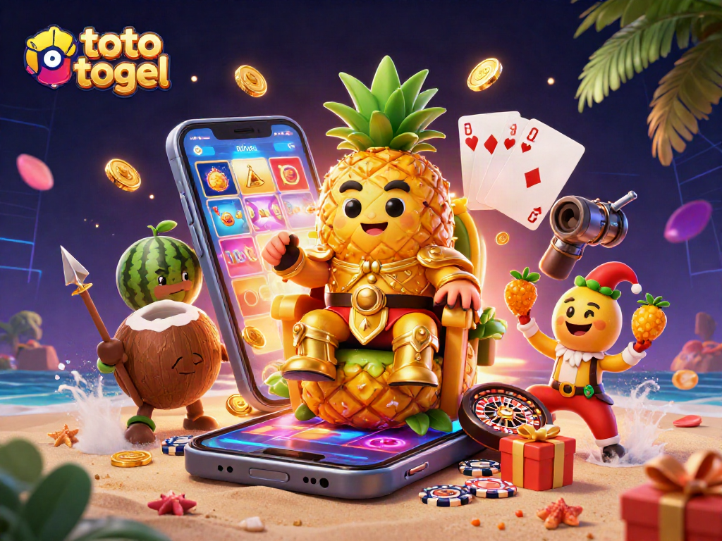 Engage with the colorful toto togel scene featuring a pineapple king, casino elements, and tropical decorations.
