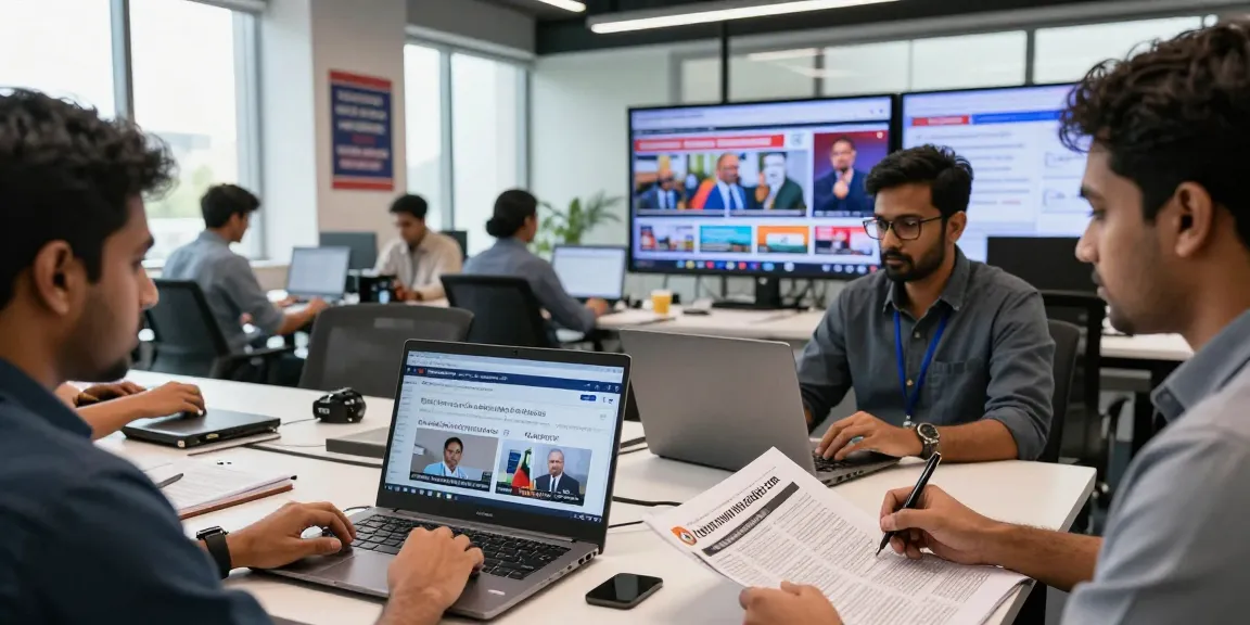 Journalists collaborating in a modern newsroom featuring https://www.theindaily.com, researching India's latest news trends.
