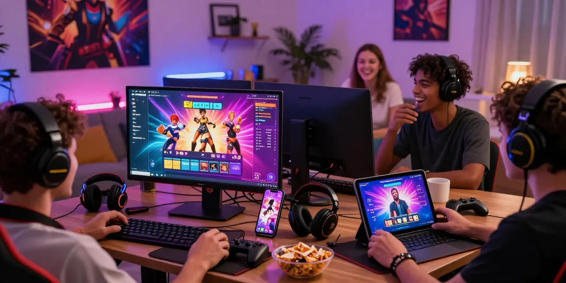 Players enjoying porngames on desktops and mobile devices in a vibrant gaming room.