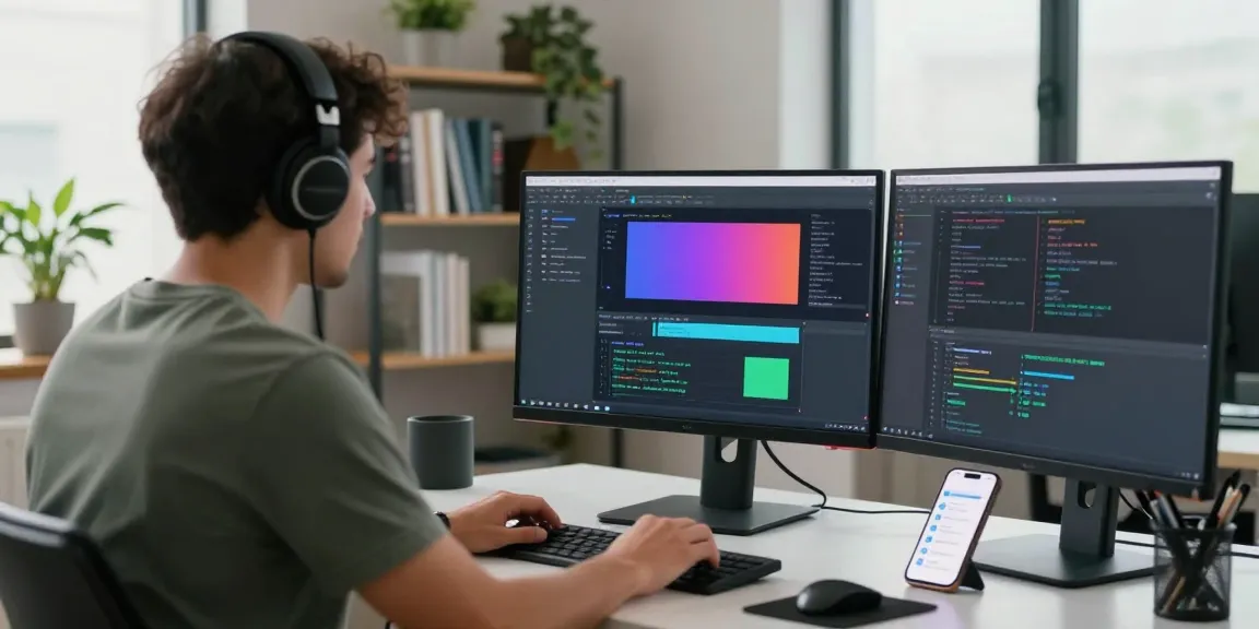 Programmer at modern tech workspace coding on telegraimin.com project with dual monitors.