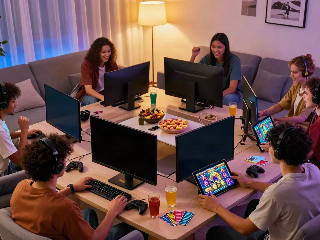 Friends enjoying exhilarating slot gacor games in a cozy living room setting.