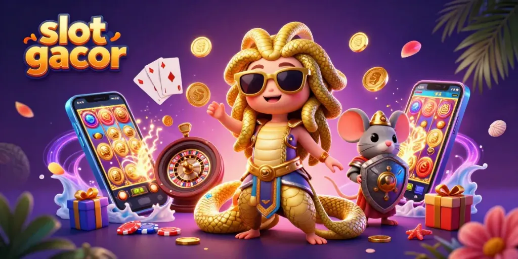 Experience slot gacor excitement with Medusa and a warrior mouse in a lively casino scene.