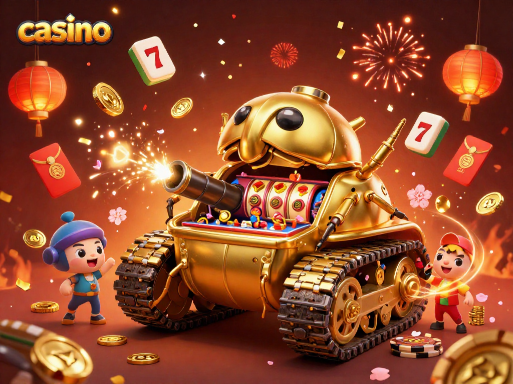 Experience the excitement of a vibrant casino scene with a golden beetle tank, joyful patrons, and festive elements.