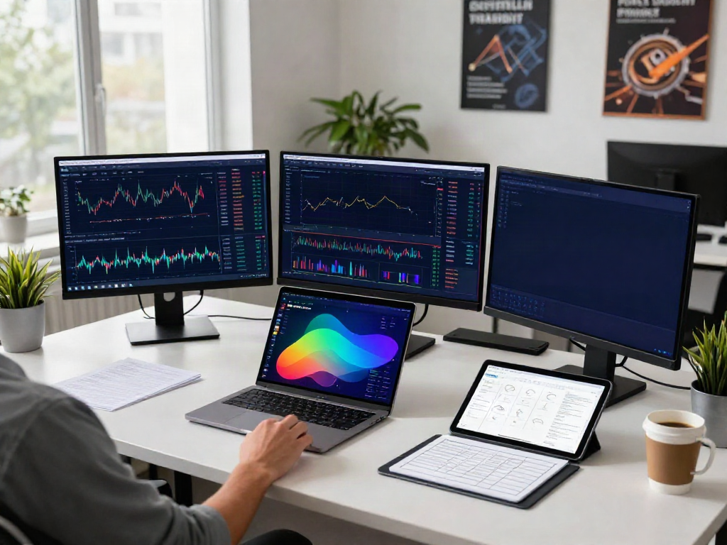 Futures market data API displayed on curved monitors in a cryptocurrency trading workspace