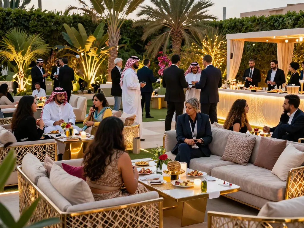 Elegant outdoor gala showcasing premium event rental ksa with luxury furniture and vibrant decor.