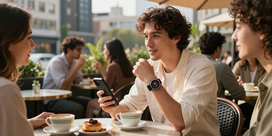 Stylish individual showcasing a super clone watch while enjoying coffee with friends in a vibrant urban café.