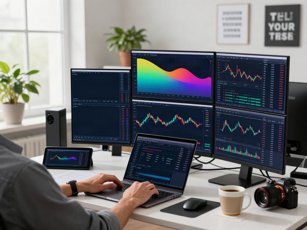 Trader using TradingView in modern workspace with multiple screens and financial charts