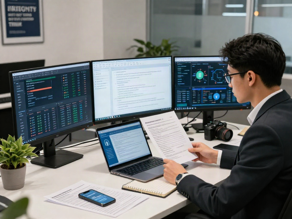 Professional reviewing document fraud detection software in a modern office