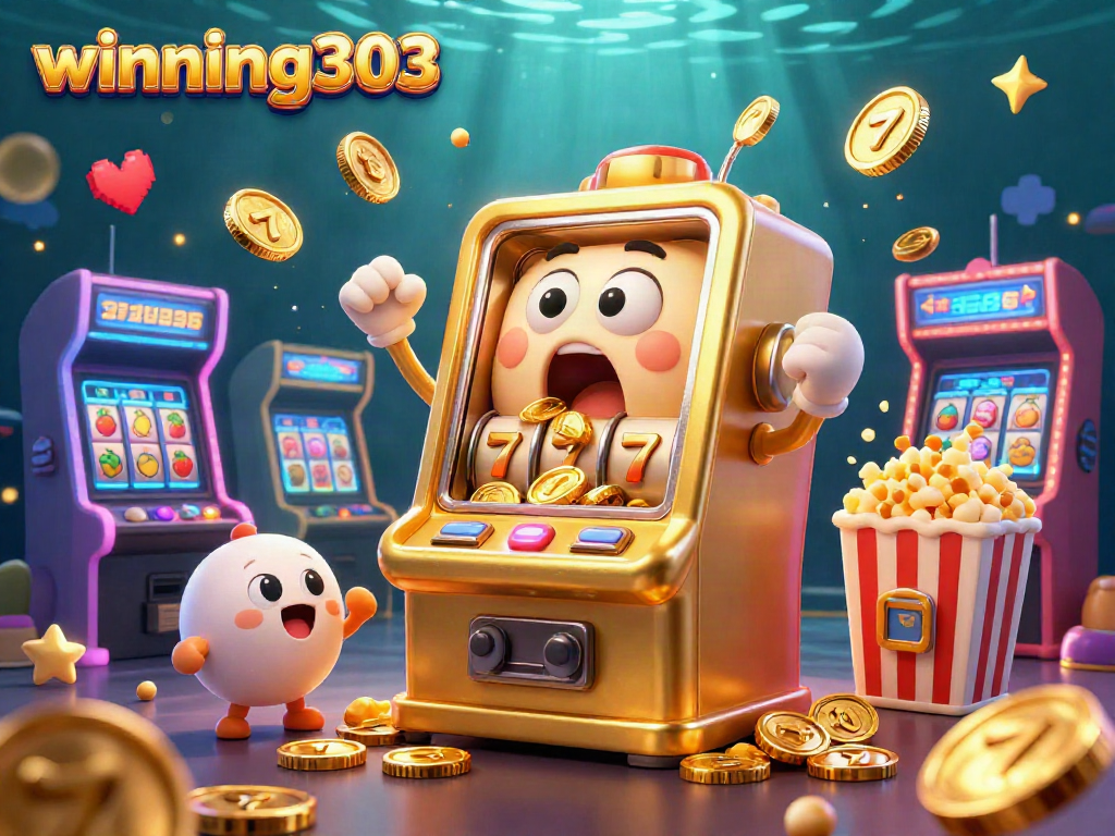 Winning303 promotes thrilling slot action with a golden slot machine hitting the jackpot, surrounded by cheering machines.