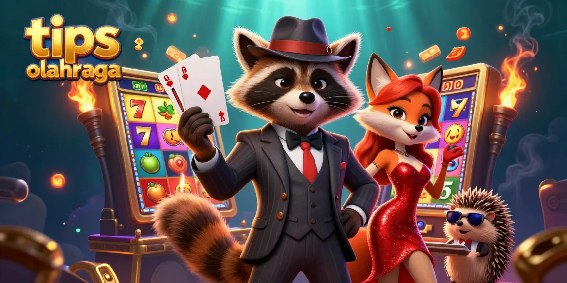 Try out tips olahraga at the colorful casino-themed illustration with slot machines and characters enjoying gaming.