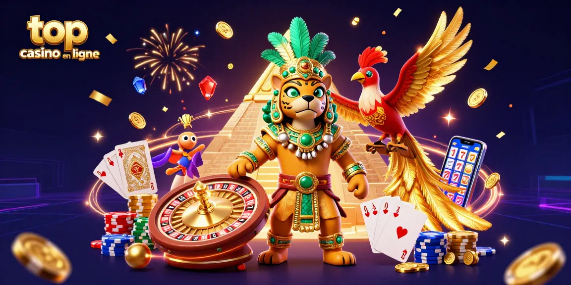 Plongez dans l'univers du top casino en ligne avec cette illustration dynamique engageant des personnages et éléments captivants.