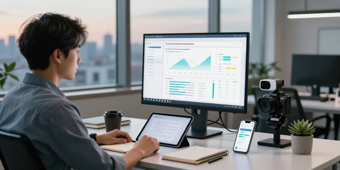 Data analyst using ai detector in modern workspace with analytics charts and tech gadgets.