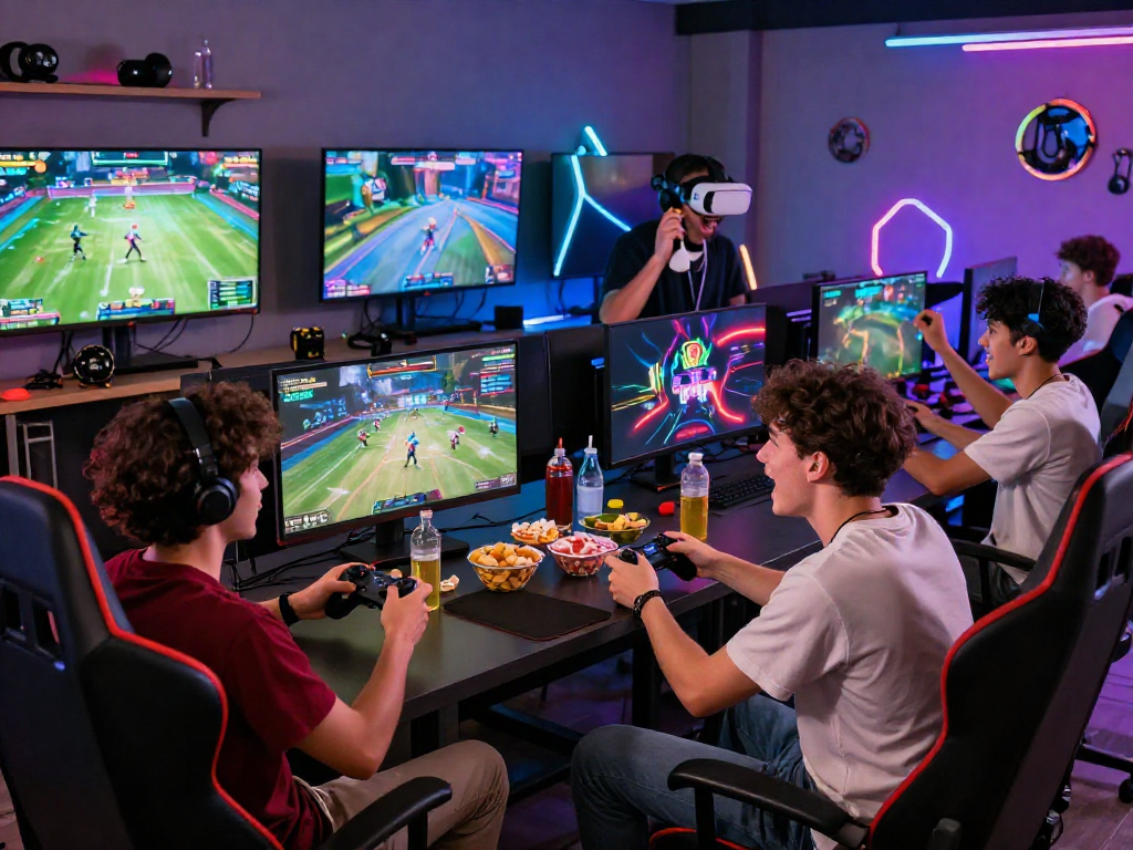 Raja328 login scene with friends enjoying an energetic online gaming session in a vibrant room.
