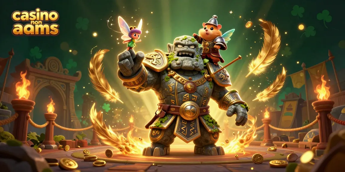 Scopri la magia dei casinò non aams con un guardiano golem e un compagno fata in una scena di gioco vibrante.