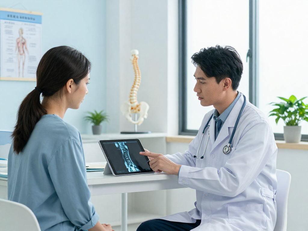 Explaining Boyun fıtığı ameliyatı options to a patient in a modern medical office.