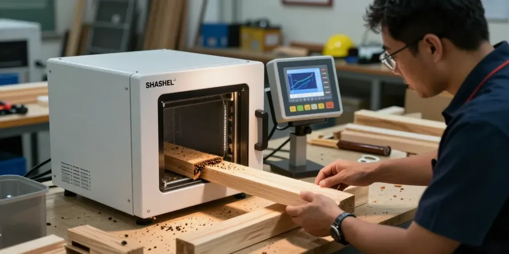 SHASHEL® technician using microwave equipment for effective insect elimination in a workshop.