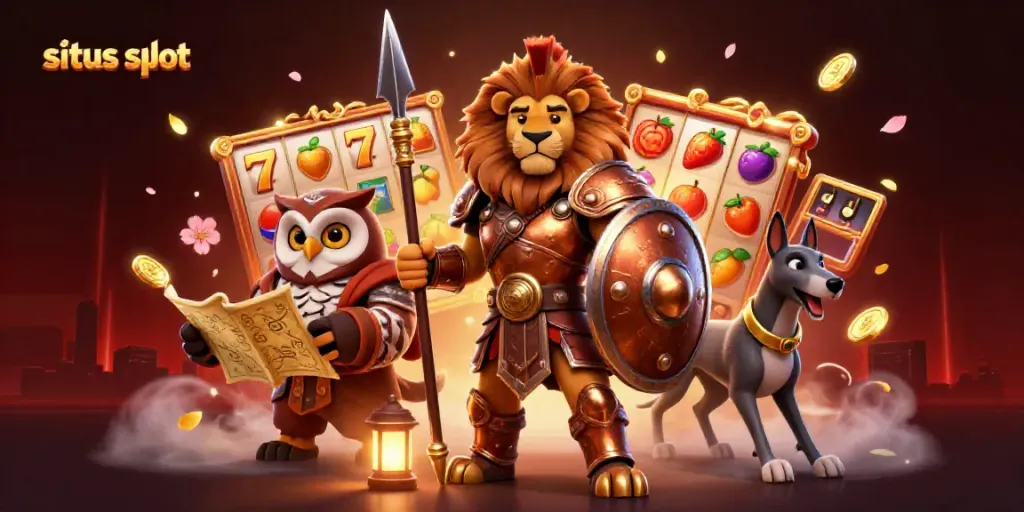 Engaging scene illustrating situs slot, showcasing a Spartan lion, owl, and greyhound amidst vibrant slot elements.
