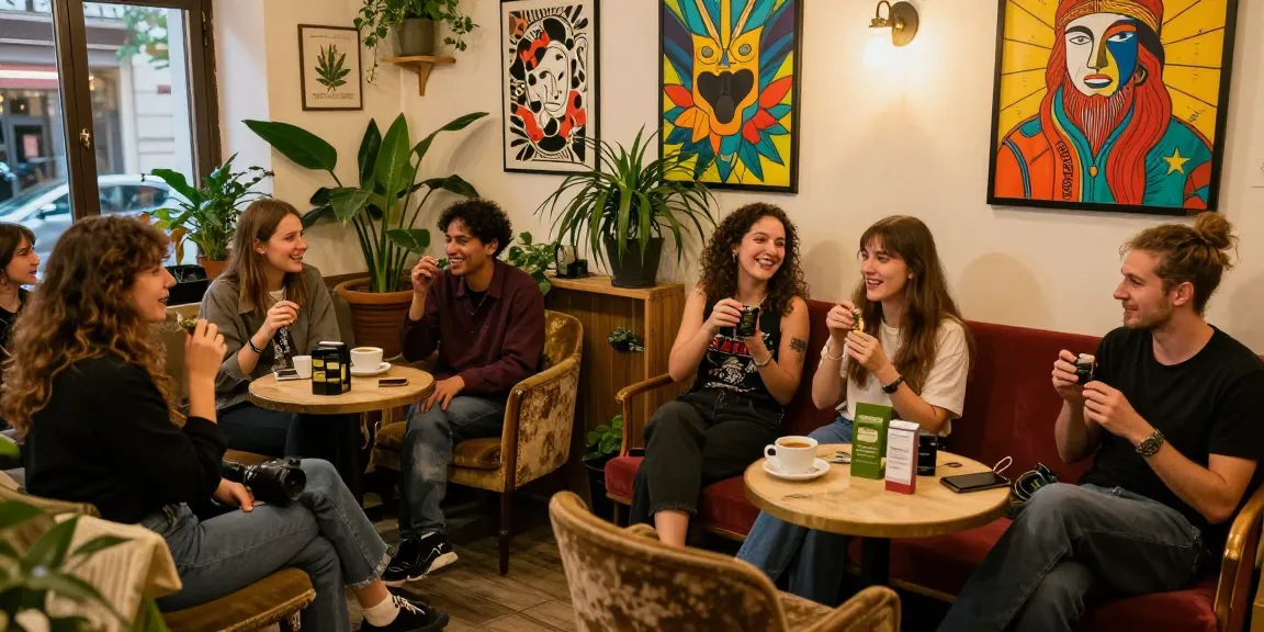 Where Can I Find Top Shelf cannabis in Bucharest, Romania? Young adults enjoying premium cannabis in a vibrant Bucharest café.