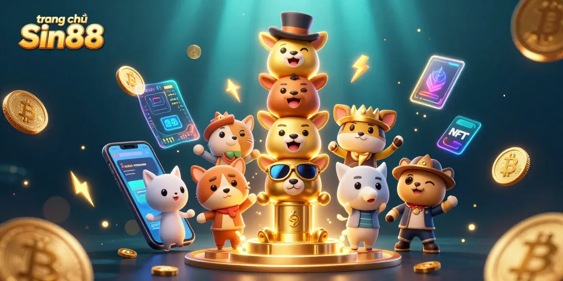 Capture the excitement at trang chủ Sin88 with vibrant casino characters, Bitcoin coins, and gambling elements.