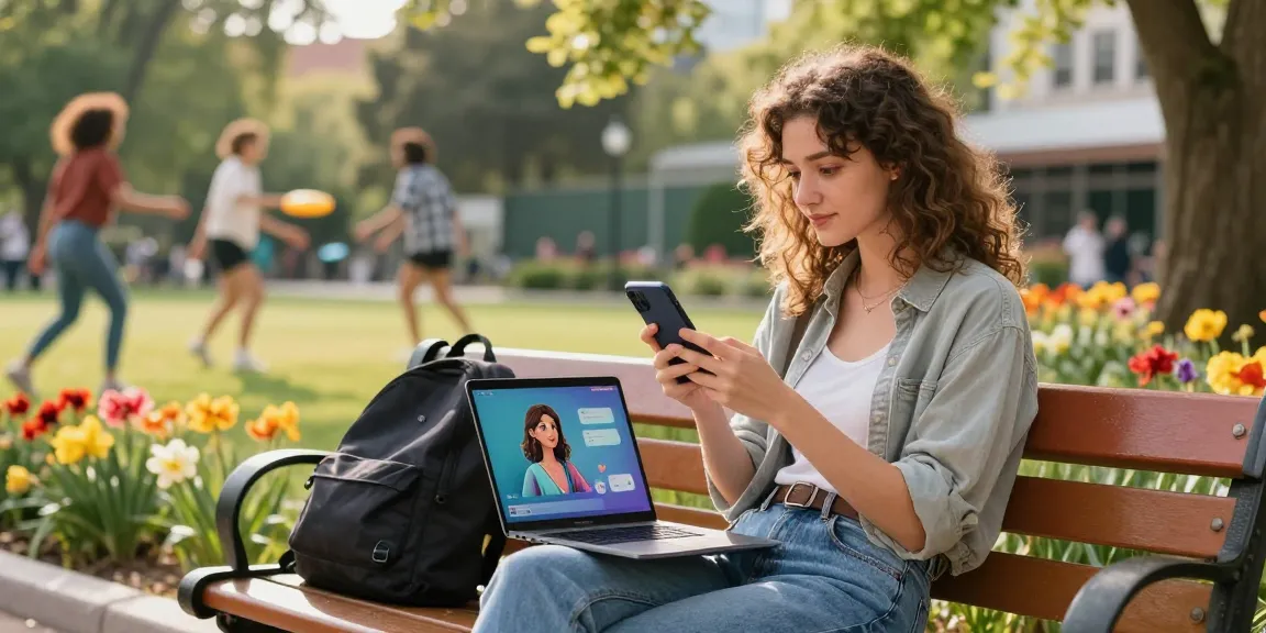 Young woman engaging with her AI girlfriend through her smartphone in a vibrant park setting.