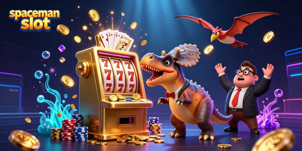 Engage with the spaceman slot as a cartoon dinosaur interacts with a golden slot machine, yielding jackpot coins.
