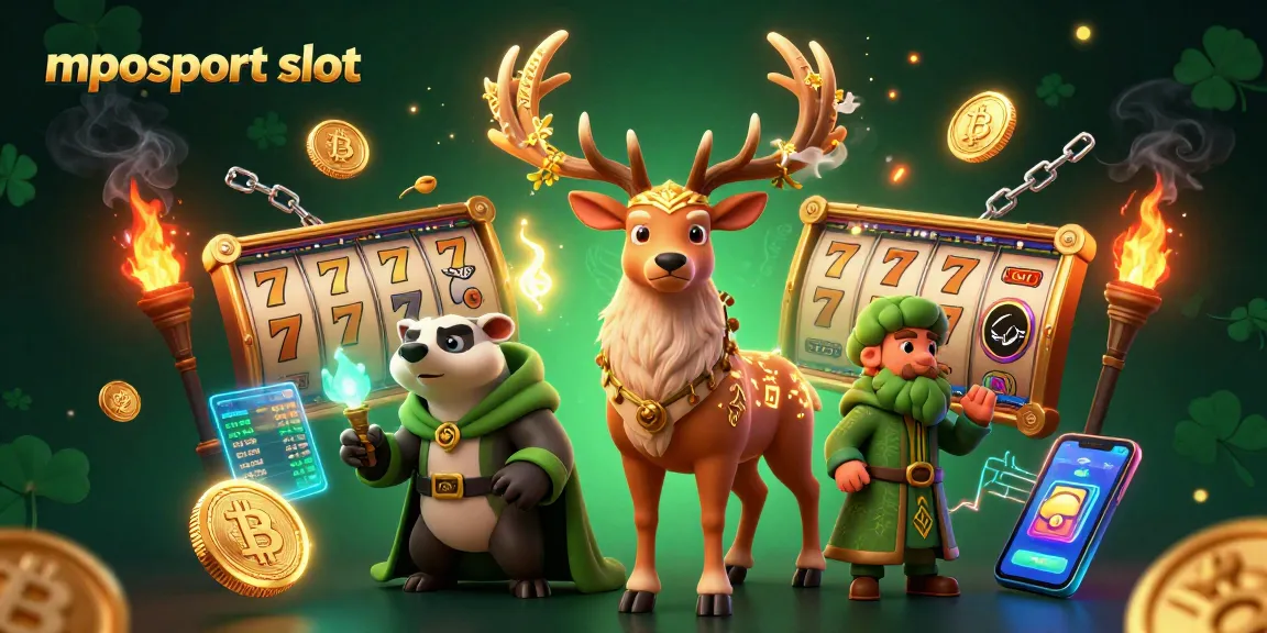 Experience the excitement of mposport slot with vibrant characters and dynamic gambling elements in a stunning 3D illustration.