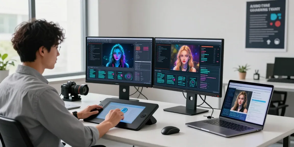 Free AI image detector workspace with data scientist analyzing AI-generated images.