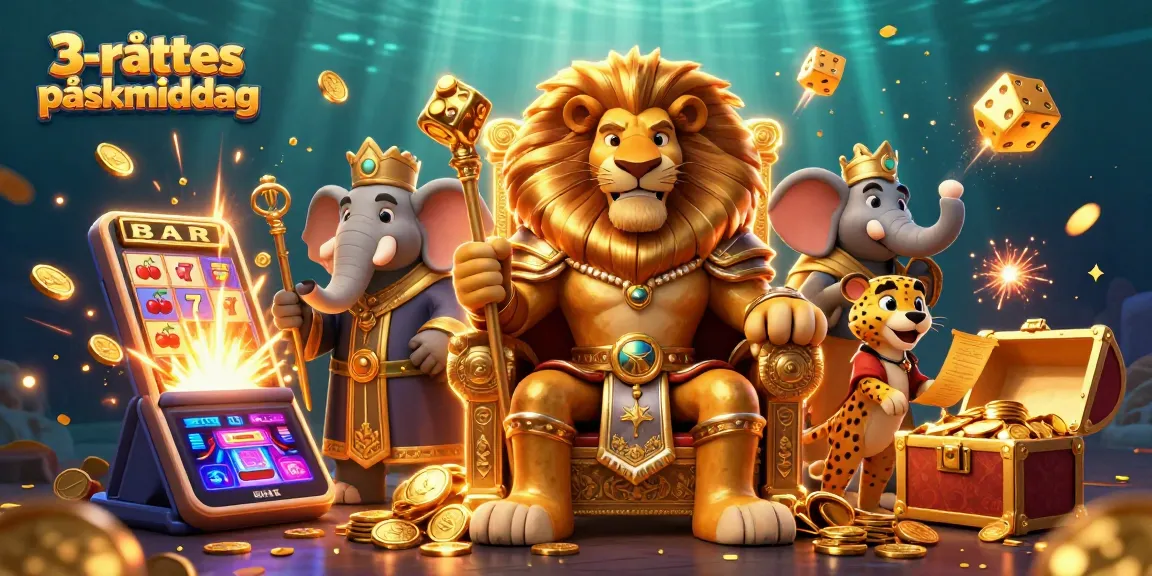 Experience a thrilling 3-rätters påskmiddag with our vibrant casino adventure illustration packed with excitement.