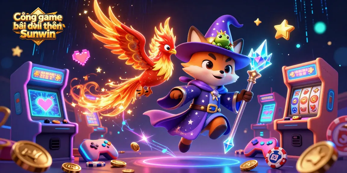 Cổng game bài đổi thưởng Sunwin features a wizard fox and phoenix in a vibrant casino scene with games and colorful effects.