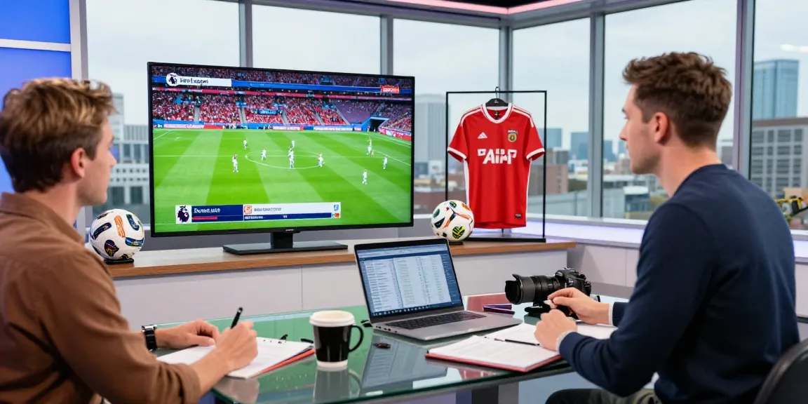 Sports analyst reviewing Premier League highlights with bk8 insights in vibrant studio