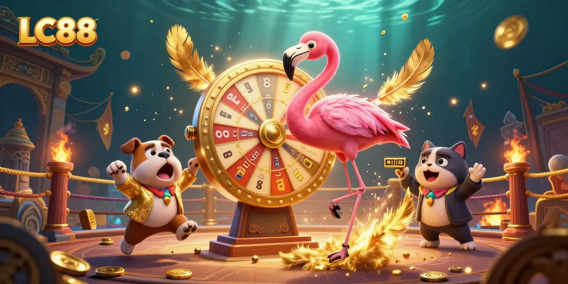 Watch LC88 come alive with a vibrant scene of excitement featuring a flamingo host, a bulldog contestant, and a scoreboard cat.