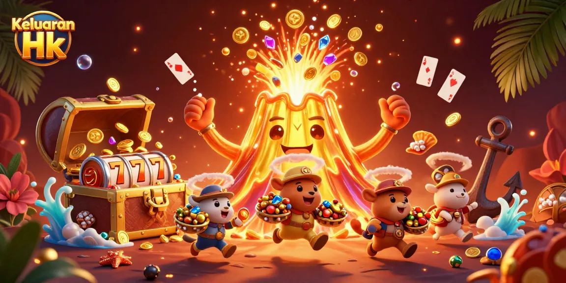 Keluaran Hk showcases the golden volcano erupting with treasure, surrounded by vivid casino elements.