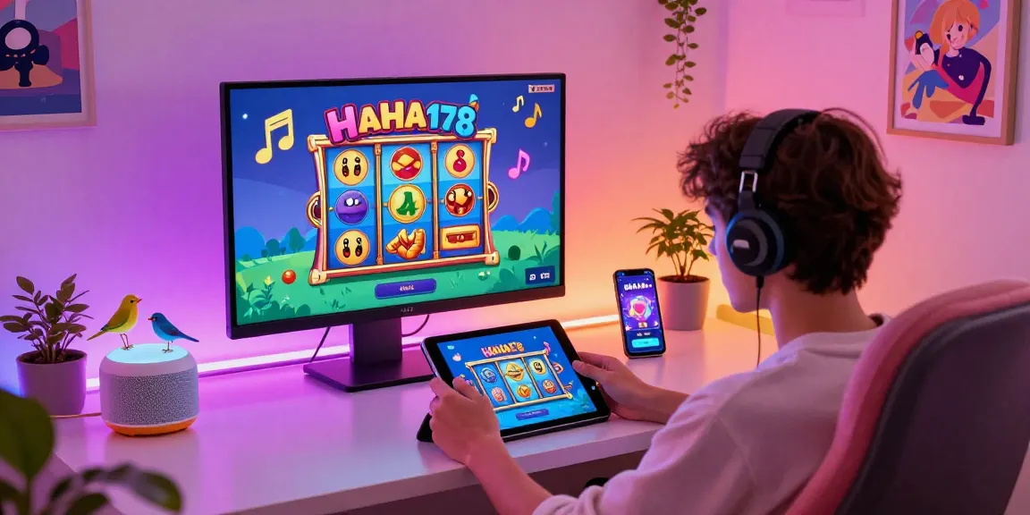 Engaging gaming scene featuring situs haha178 with vibrant slot machine graphics and a player using a tablet, surrounded by musical elements.