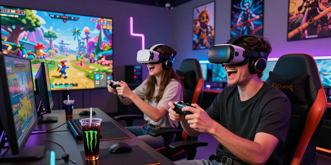 Pengalaman situs tantegacor88, dua gamer dengan headset VR dalam suasana permainan interaktif yang meriah.