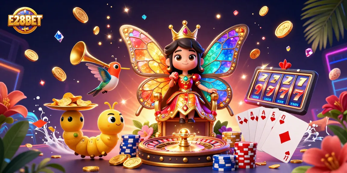Join the excitement of E28BET with vibrant casino-themed characters and dynamic elements.
