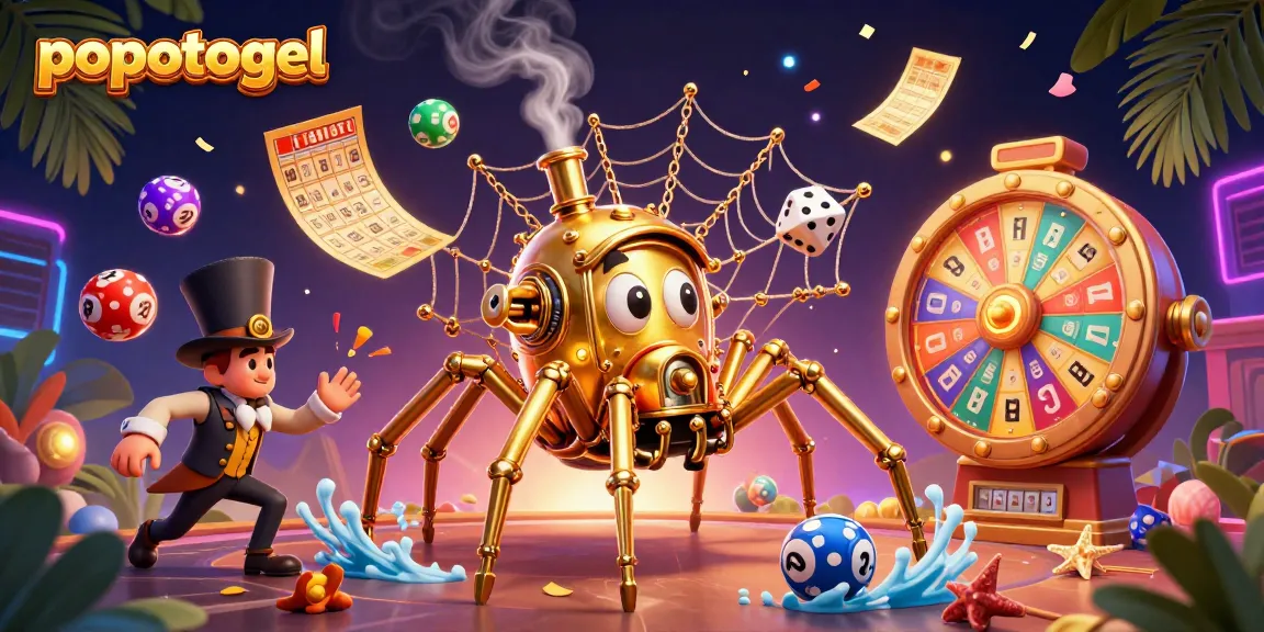 Engage in popotogel action with vibrant lottery balls and a unique steampunk spider web.