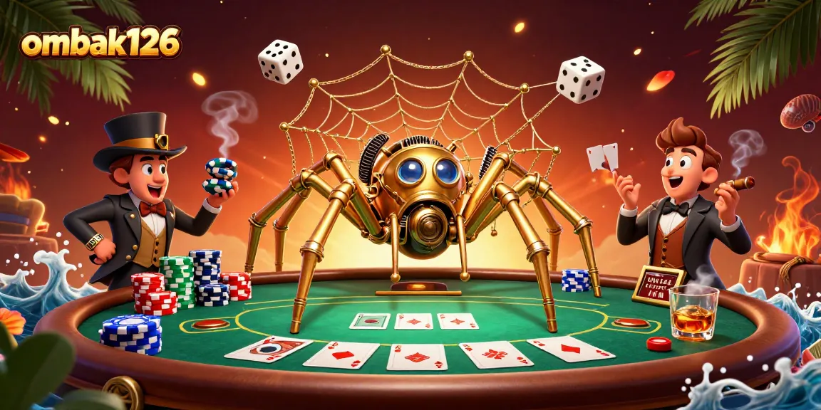 Gambar ilustrasi ombak126 menunjukkan laba-laba steampunk dengan jaring uang dan dadu di tengah permainan poker.