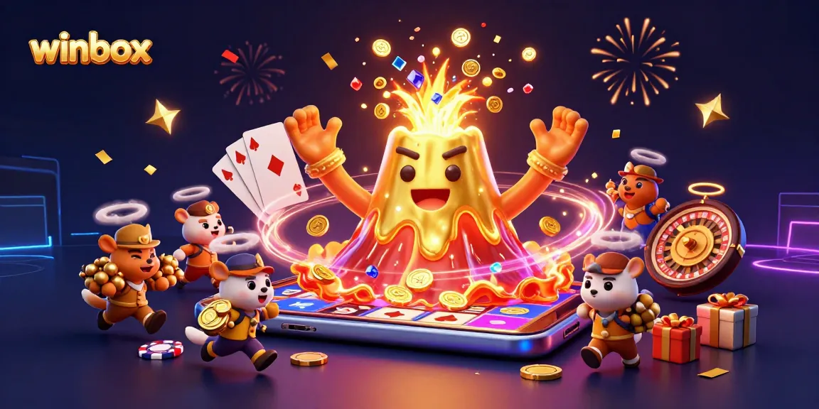 Winbox game excitement featuring a golden volcano, treasure, and vibrant slot game action.