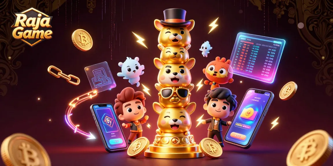 Engage in thrilling gaming with Raja Game's colorful, animated totem pole surrounded by crypto elements.