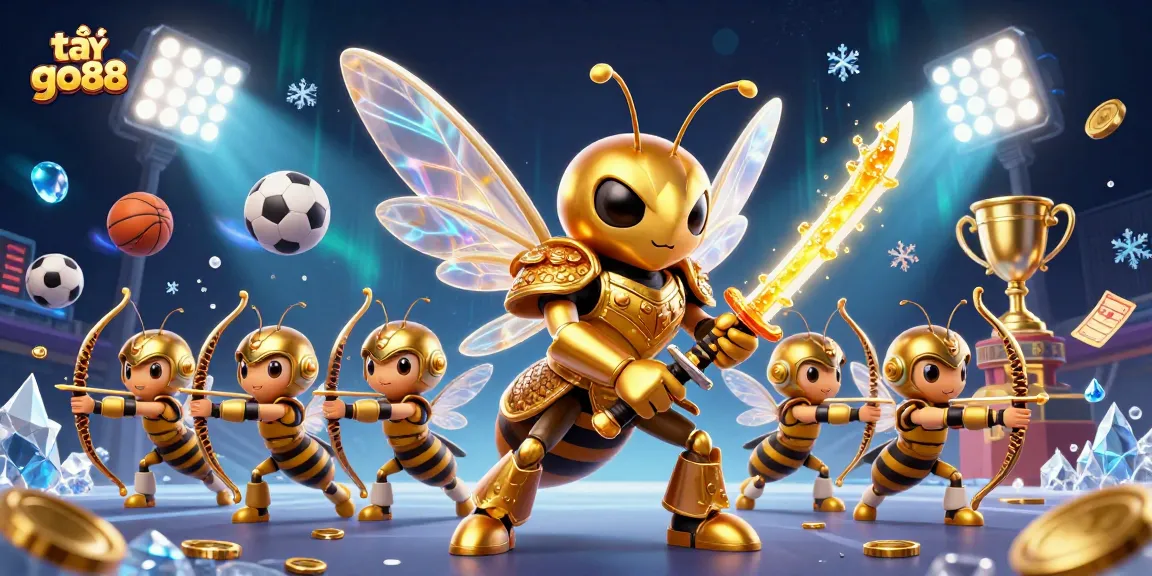 Engage in thrilling gaming with tải go88, featuring a dynamic 3D scene of a hornet samurai surrounded by sports elements.