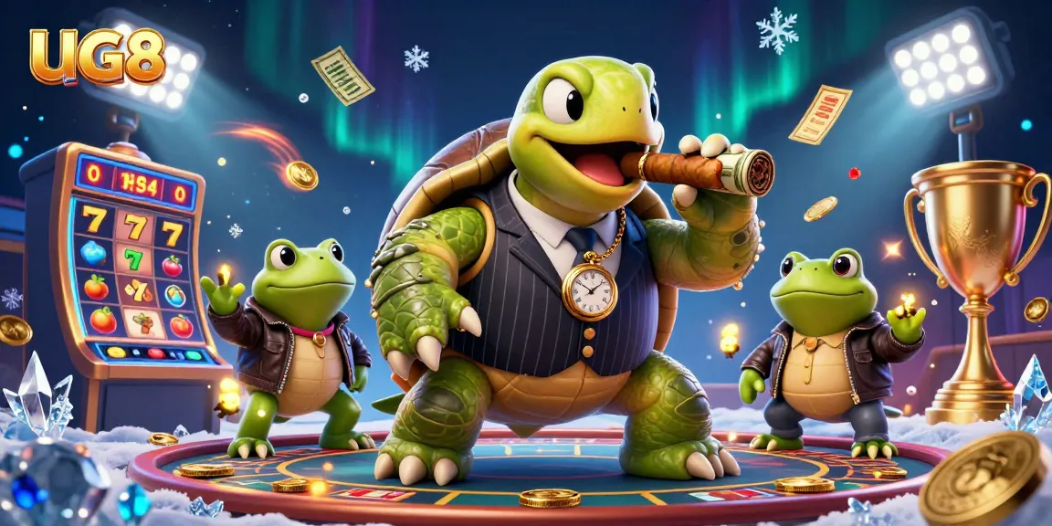 Immerse yourself in UG88's vibrant casino scene with a snapping turtle mobster and bullfrog enforcers.