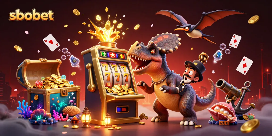 SboBet memberikan jackpot emas di mesin slot dengan dinosaurus, suasana penuh peti harta karun.