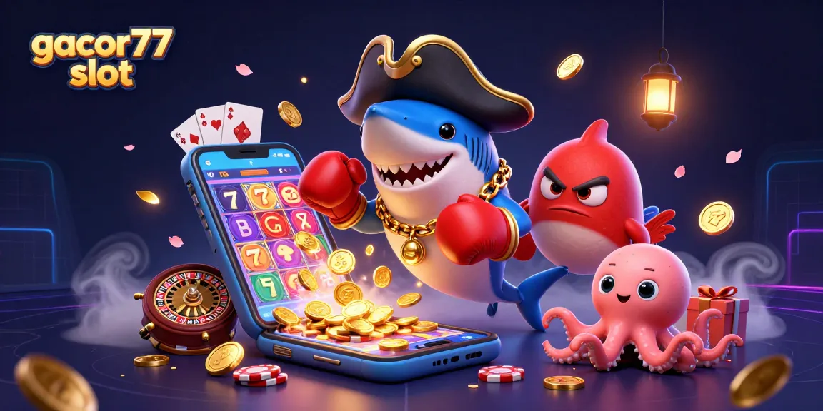 Menangkan gacor77 slot dengan ilustrasi kasino 3D penuh warna, menggambarkan karakter ikonik.