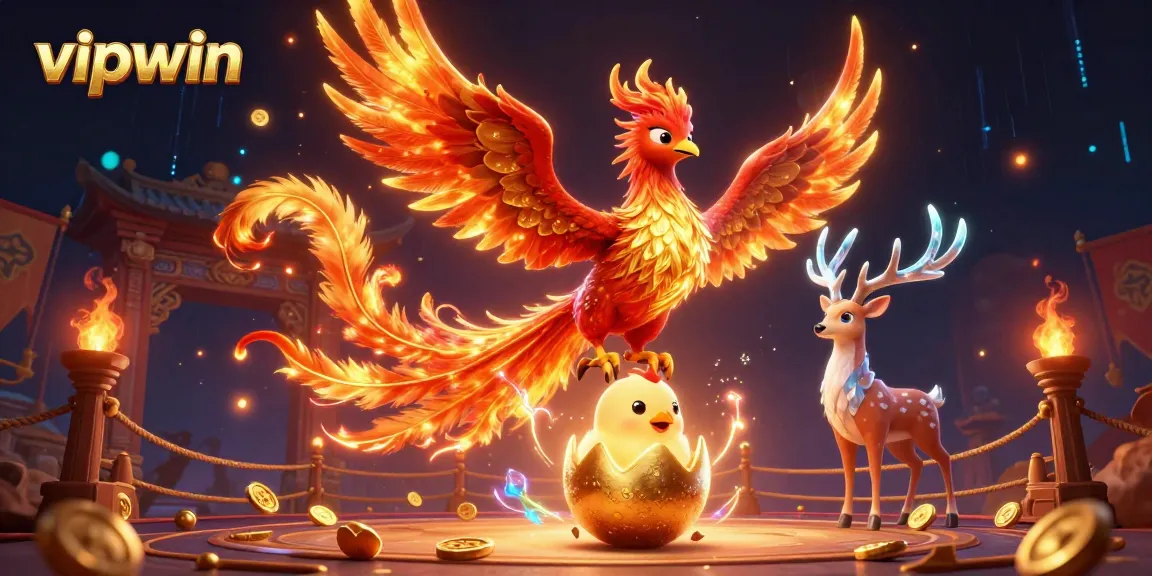 Play thrilling games at vipwin while witnessing a majestic phoenix and mystical stag in an action-packed casino scene.
